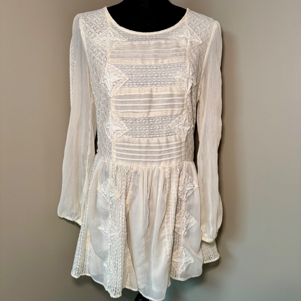 Free People Ivory Lace Star Embroidered Long Sleeve Boho Mini Dress Small